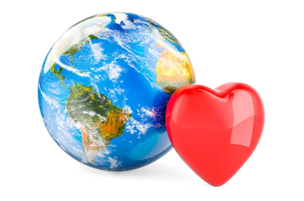 Red Heart Earth Globe Rendering Isolated White Background — Stock Photo, Image
