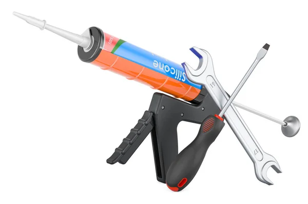 Sealant Gun Silicone Sealant Tube Screwdriver Wrench Rendering Isolated White — 스톡 사진