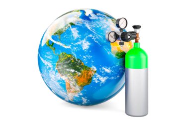 Dünya Küresi ile gaz silindiri, 3 boyutlu görüntüleme beyaz arkaplanda izole edildi