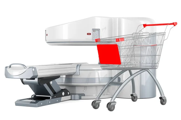 白い背景に隔離されたショッピングカート 3DレンダリングとオープンMriマシン — ストック写真