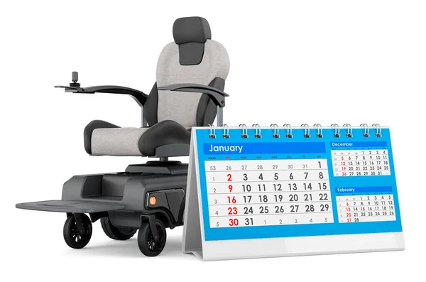 屋内パワーチェア デスクカレンダー付き電動車椅子 白い背景に隔離された3Dレンダリング — ストック写真
