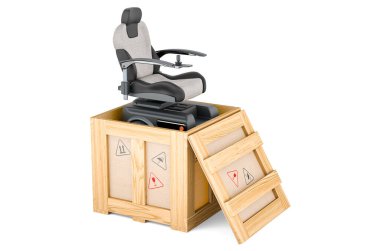 Motorized Power Chair inside wooden box, delivery concept. 3D rendering isolated on white background clipart