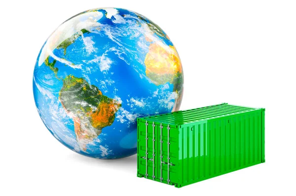 Last Container Med Earth Globe Rendering Isolerad Vit Bakgrund — Stockfoto