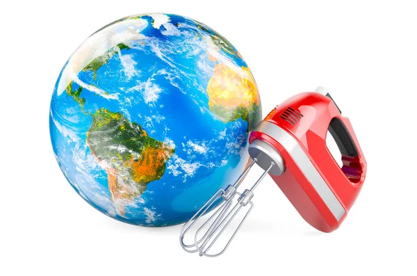Handmixer Mit Earth Globe Rendering Isoliert Auf Weißem Hintergrund — Stockfoto