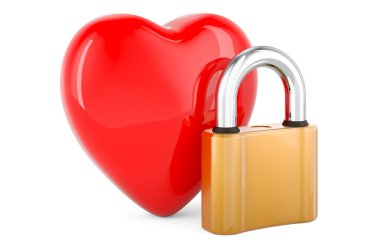 Asma kilitli kırmızı kalp, beyaz arkaplanda 3 boyutlu görüntüleme 