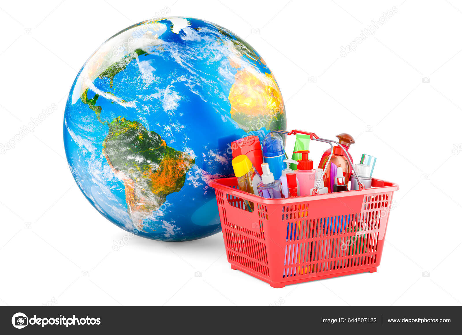 Shopping Basket Cosmetic Products Earth Globe Rendering Isolated