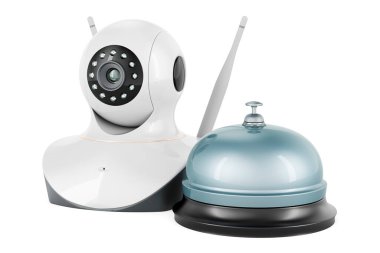 İnternet Protokol kameralı resepsiyon zili. Beyaz arkaplanda 3B görüntüleme izole edildi