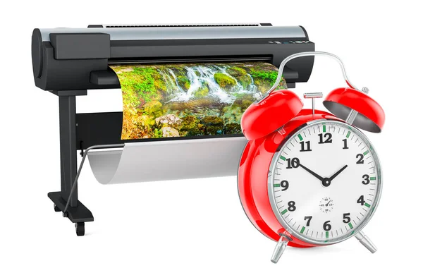 stock image Plotter, large format inkjet printer with alarm clock, 3D rendering isolated on white background