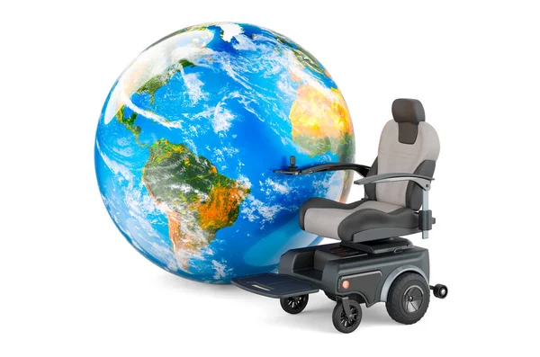 Motorisierter Power Chair Mit Earth Globe Darstellung Isoliert Auf Weißem — Stockfoto