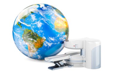 Dünya Küresi ile MRI Makinesini aç, 3 boyutlu görüntüleme beyaz arkaplanda izole edildi