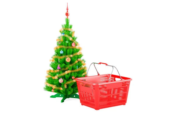 用圣诞树买篮子 圣诞销售和购物的概念 在白色背景上孤立的3D渲染 — 图库照片