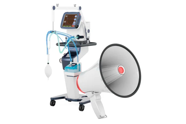 医療用人工呼吸器付きメガホン 白い背景に隔離された3Dレンダリング — ストック写真