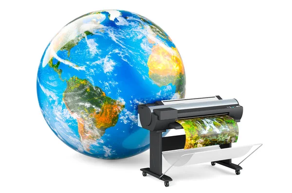 Plotter, large format inkjet printer with Earth Globe, 3D rendering isolated on white background