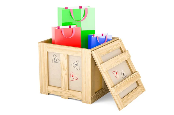 Nákupní Tašky Dřevěné Krabici Koncept Dodávky Vykreslování Izolované Bílém Pozadí — Stock fotografie