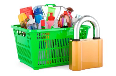 Asma kilitli kozmetik ürünleri olan alışveriş sepeti, beyaz arkaplanda 3 boyutlu görüntüleme 