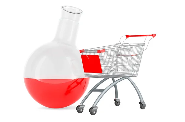 ショッピングカート付きの化学フラスコ 白い背景に隔離された3Dレンダリング — ストック写真
