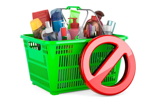 Nákupní Košík Kosmetickými Výrobky Zakázaným Symbolem Vykreslování Izolované Bílém Pozadí — Stock fotografie