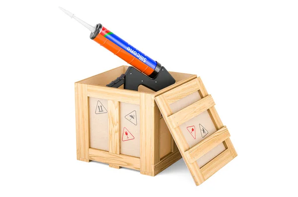 Pistola Selante Com Tubo Selante Silicone Dentro Caixa Madeira Conceito — Fotografia de Stock