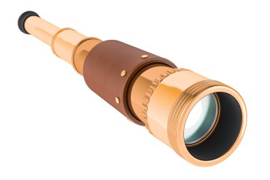 Pirinç el Held teleskop, korsan Spyglass. Beyaz arka plan üzerinde izole 3d render