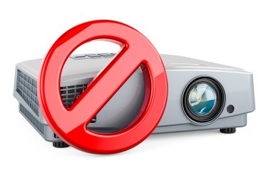 Yasak sembollü projektör, beyaz arkaplanda 3 boyutlu görüntüleme