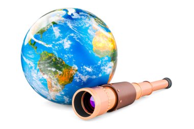 Dünya Küresi ile Korsan Spyglass, beyaz arkaplanda 3 boyutlu görüntüleme
