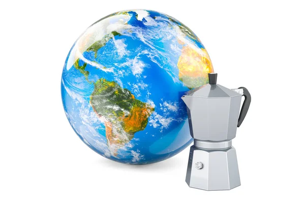 コーヒーメーカー アースグローブ付きの真岡ポット 白い背景に隔離された3Dレンダリング — ストック写真