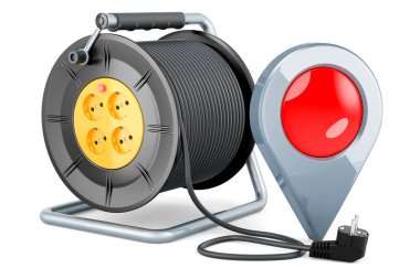 Harita işaretleyicili endüstriyel kablo makarası, beyaz arkaplanda 3 boyutlu görüntüleme