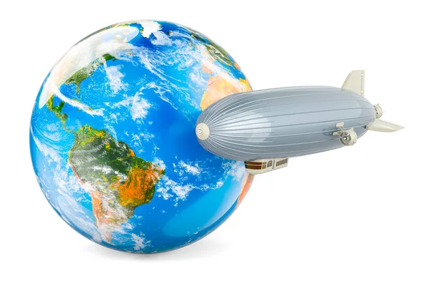 地球球付きの飛行船または目に見える気球 白い背景に隔離された3Dレンダリング — ストック写真