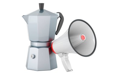 Kahve makinesi, megafonlu Moka demliği, beyaz arkaplanda 3 boyutlu görüntüleme.