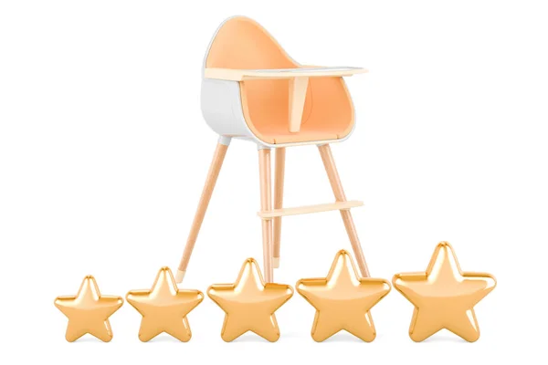 有五颗金色星星的婴儿高椅子 3D渲染白色背景的孤立物 — 图库照片