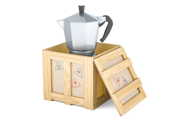 Kahve Makinesi Ahşap Kutunun Içindeki Moka Pot Teslimat Konsepti Beyaz — Stok fotoğraf