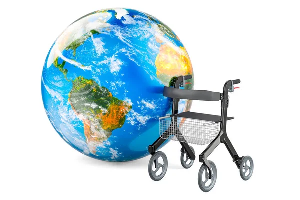 Rollator Für Senioren Mit Earth Globe Rendering Isoliert Auf Weißem — Stockfoto