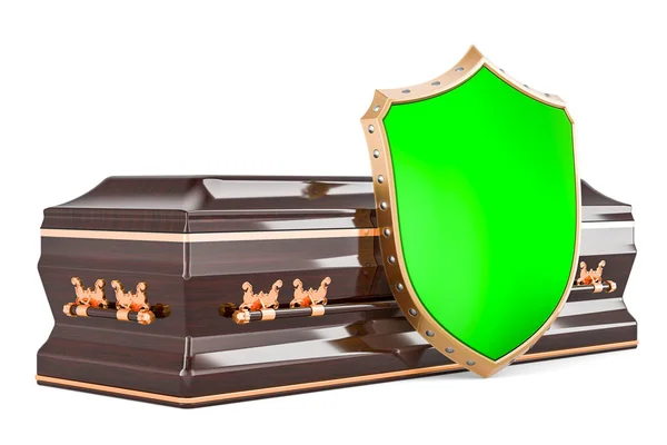 Wooden Coffin Shield Rendering Isolated White Background — Stock Photo, Image