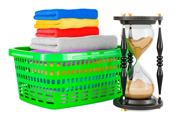 Tvättkorg Full Rena Kläder Med Sand Timglas Rendering Isolerad Vit — Stockfoto