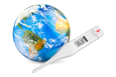 Dünya Küresi ile dijital elektronik termometre, beyaz arkaplanda 3 boyutlu görüntüleme