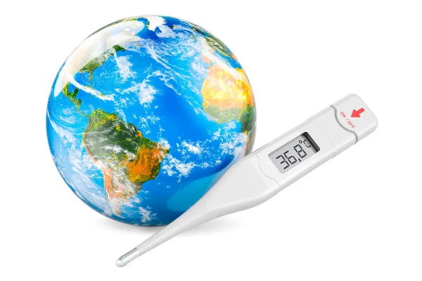Digital electronic thermometer with Earth Globe, 3D rendering isolated on white background