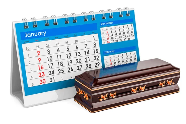 Houten Kist Met Bureau Kalender Rendering Geïsoleerd Witte Achtergrond — Stockfoto