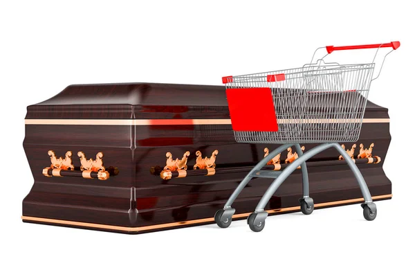 ショッピングカートと木製の棺 白い背景に隔離された3Dレンダリング — ストック写真