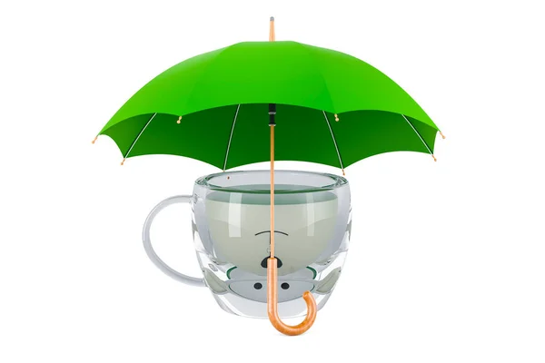 在伞下倒入满牛奶的茶杯 3D渲染白色背景隔离 — 图库照片