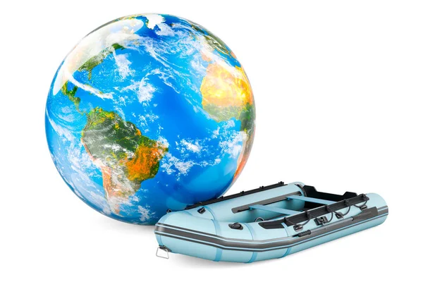 Uppblåsbar Båt Med Earth Globe Rendering Isolerad Vit Bakgrund — Stockfoto
