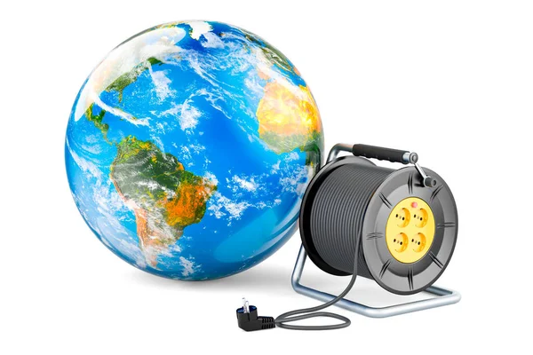 Industrial cable reel with Earth Globe, 3D rendering isolated on white background