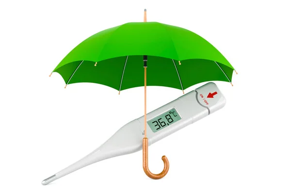 Şemsiye Altında Dijital Elektronik Termometre Beyaz Arkaplanda Görüntüleme — Stok fotoğraf