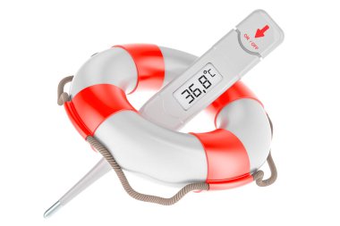 Can yeleği içindeki dijital elektronik termometre, beyaz arkaplanda 3 boyutlu görüntüleme