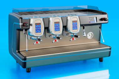 Espresso kahve makinesi profesyoneli mavi arka planda, 3D görüntüleme 