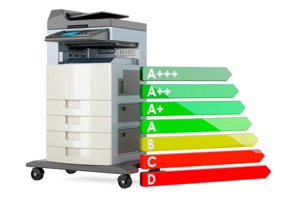 Office multifunction printer MFP with energy efficiency chart, 3D rendering isolated on white background