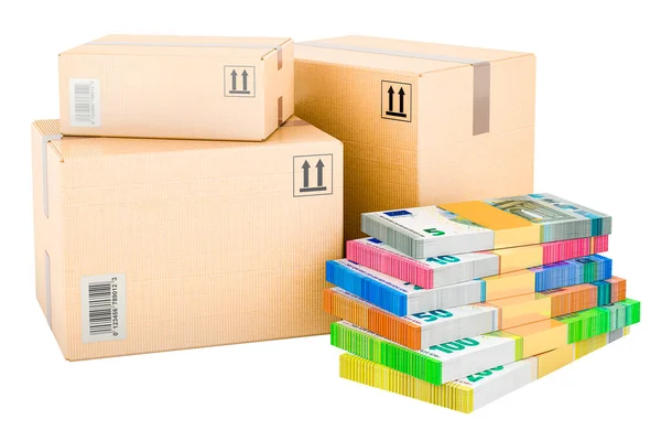Shipping Logistics Concept Three Parcels Money Euro Packs Rendering Isolated — Stock Photo, Image