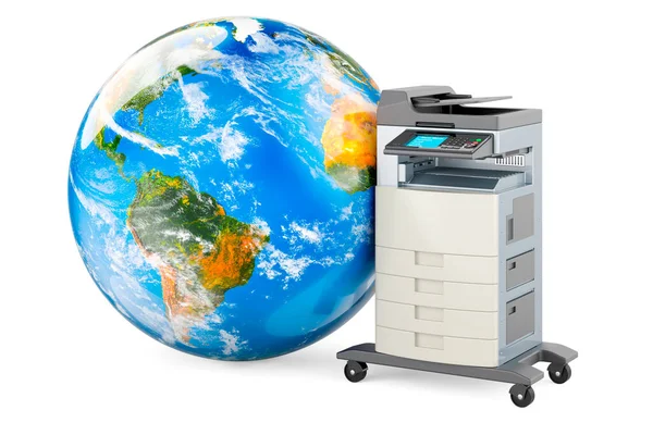 Office multifunction printer MFP with Earth Globe. 3D rendering isolated on white background