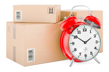 Nakliye ve lojistik konsepti. Alarm saati olan üç paket, beyaz arkaplanda 3 boyutlu görüntüleme 