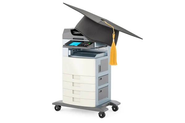Office multifunction printer MFP with graduation hat. 3D rendering isolated on white background