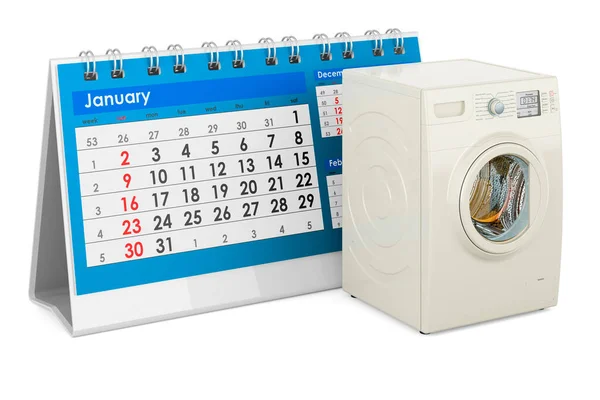 机のカレンダー付き洗濯機 白い背景に隔離された3Dレンダリング — ストック写真
